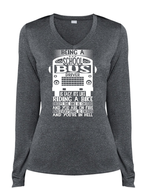 Being A School Bus Driver T Shirt, Riding A Bike T Shirt, Cool Shirt (Ladies LS Heather V-Neck)