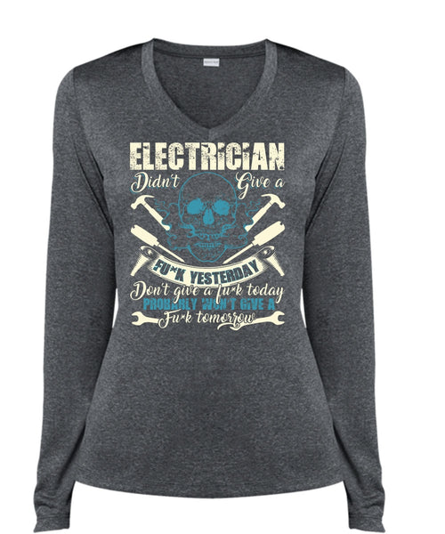 Calls Me An Electrician T Shirt, Being An Electrician T Shirt, Cool Shirt (Ladies LS Heather V-Neck)