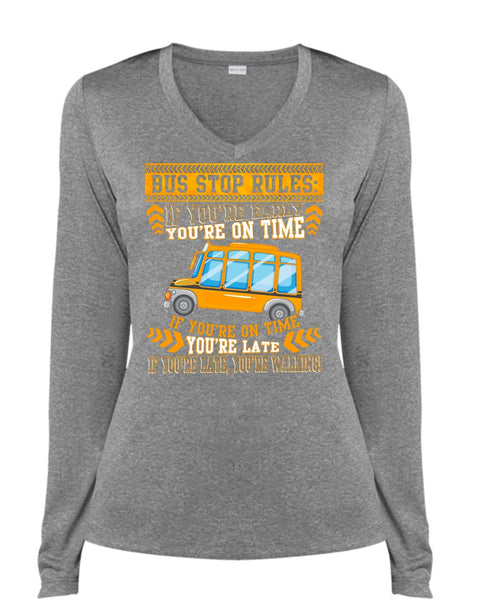 Bus Stop Rules T Shirt, Being A Bus Driver T Shirt, Cool Shirt (Ladies LS Heather V-Neck)