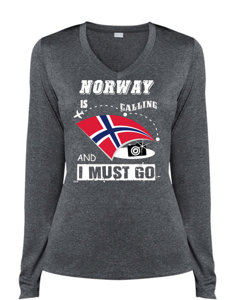 Norway Is Calling And I Must Go T Shirt, I Love My Life T Shirt, Cool Shirt (Ladies LS Heather V-Neck)