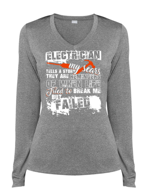 Electrician Tells A Story My Scars T Shirt, Being An Electrician T Shirt, Cool Shirt (Ladies LS Heather V-Neck)