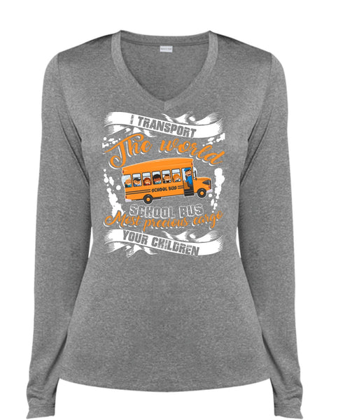 I Transport The World School Bus T Shirt, Being A Driver T Shirt, Cool Shirt (Ladies LS Heather V-Neck)