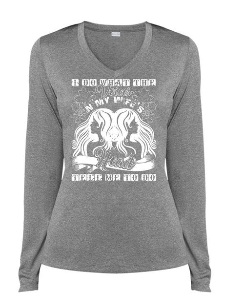 I Do What The Voices In My Wife's T Shirt, I Love Wife T Shirt, Cool Shirt (Ladies LS Heather V-Neck)
