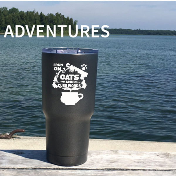 I Run On Caffeine Cats Tumbler 30 oz Stainless Steel, Cute Cat Travel Mug