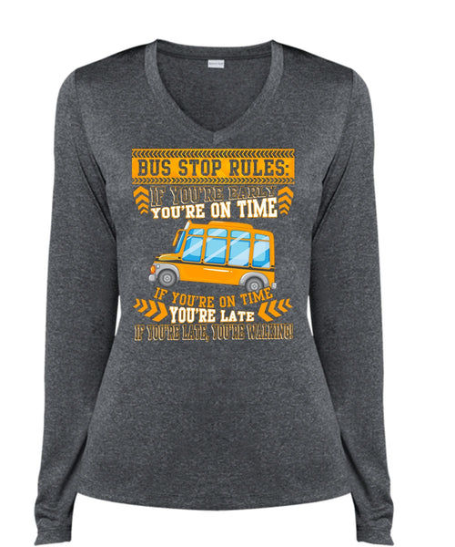 Bus Stop Rules T Shirt, Being A Bus Driver T Shirt, Cool Shirt (Ladies LS Heather V-Neck)