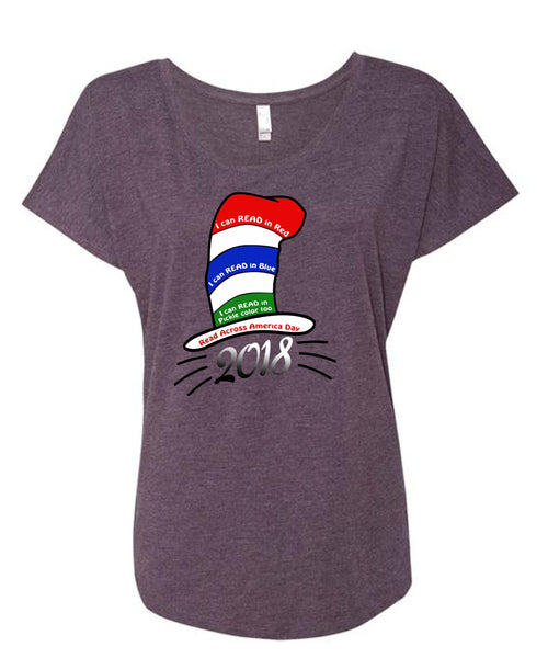 Dr. Seuss T Shirt, I Can Read In Red T Shirt, The Cat in the Hat T Shirt, I Can Read In Blue T Shirt, Cool Shirt (Ladies' Triblend Dolman Sleeve)