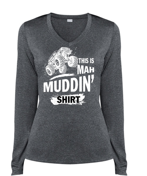 This Is Mah Mudding T Shirt, My Favorite T Shirt, Cool Shirt (Ladies LS Heather V-Neck)