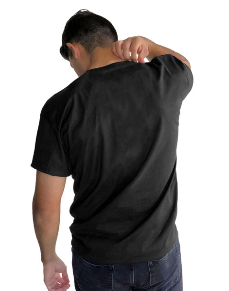 A black t-shirt with the shopify logo