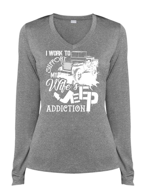 I Work To Support My Wife's Jeep Addiction T Shirt, I Love Jeep T Shirt, Cool Shirt (Ladies LS Heather V-Neck)