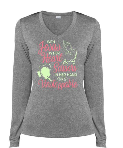 With Jesus In Her Heart T Shirt, I Love Hair Stylist T Shirt, Cool Shirt (Ladies LS Heather V-Neck)