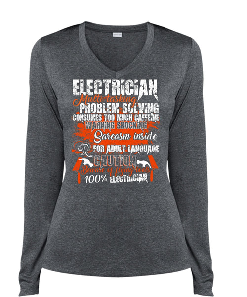 Electrician Multitasking T Shirt, Flying Tools 100% Electrician T Shirt, Cool Shirt (Ladies LS Heather V-Neck)