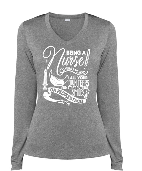 Being A Nurse Means To Hold T Shirt, Being A Nurse T Shirt, Cool Shirt (Ladies LS Heather V-Neck)