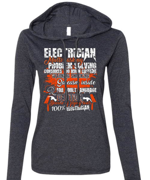 Electrician Multitasking T Shirt, Flying Tools 100% Electrician T Shirt (Anvil Ladies Ringspun Hooded)