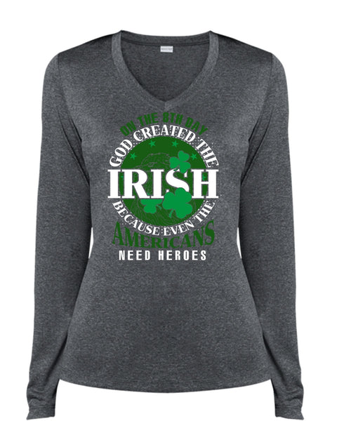 God Created The Irish T Shirt, My Favorite T Shirt, Cool Shirt (Ladies LS Heather V-Neck)