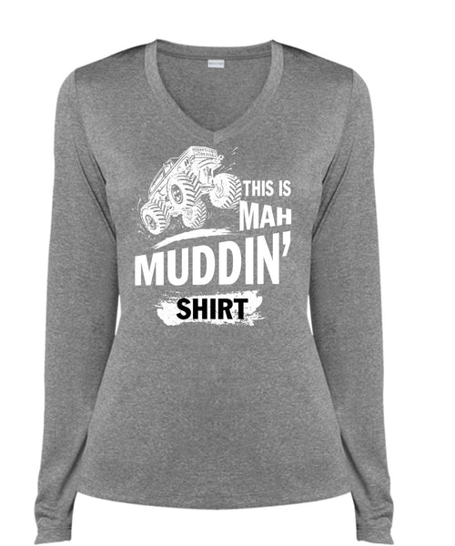This Is Mah Mudding T Shirt, My Favorite T Shirt, Cool Shirt (Ladies LS Heather V-Neck)