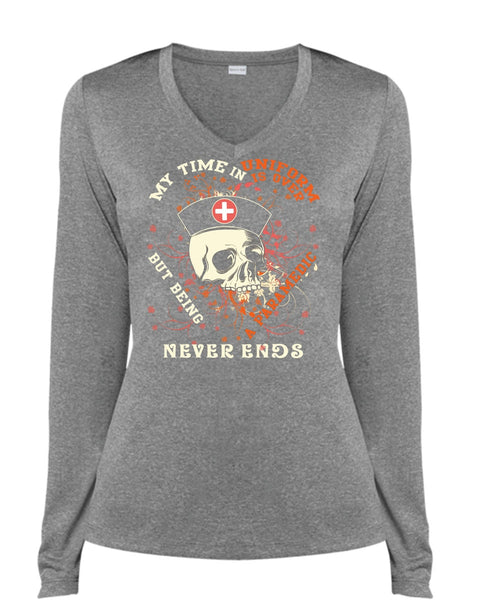 Being A Paramedic Never Ends T Shirt, My Time In Uniform Is Over T Shirt, Cool Shirt (Ladies LS Heather V-Neck)