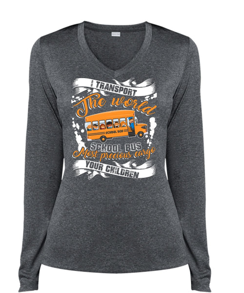 I Transport The World School Bus T Shirt, Being A Driver T Shirt, Cool Shirt (Ladies LS Heather V-Neck)
