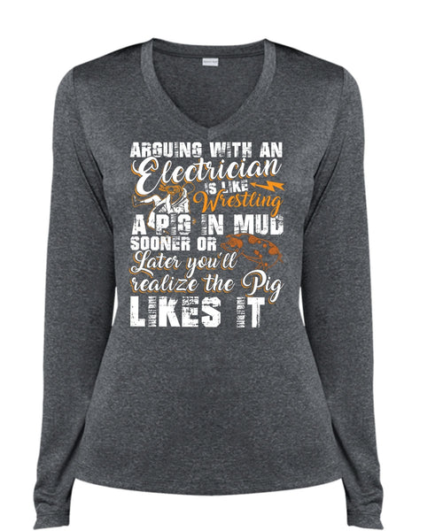 Arguing With An Electrician T Shirt, Being An Electrician T Shirt, Cool Shirt (Ladies LS Heather V-Neck)