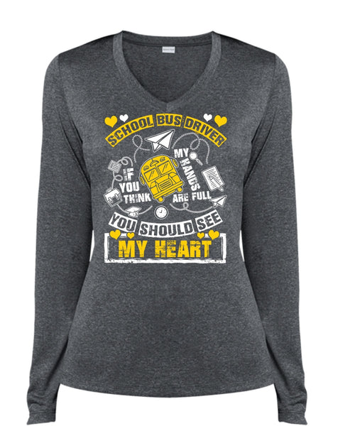 School Bus Driver T Shirt, You Should See My Heart T Shirt, Cool Shirt (Ladies LS Heather V-Neck)
