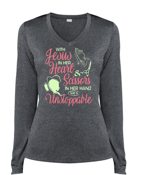 With Jesus In Her Heart T Shirt, I Love Hair Stylist T Shirt, Cool Shirt (Ladies LS Heather V-Neck)