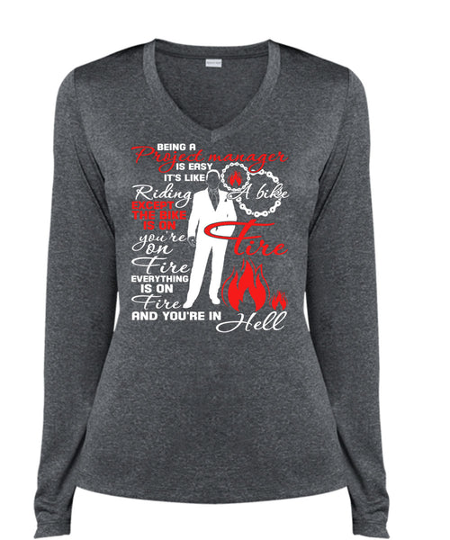 Being A Project Manager Is Easy T Shirt, It's Like Riding A Bike T Shirt, Cool Shirt (Ladies LS Heather V-Neck)