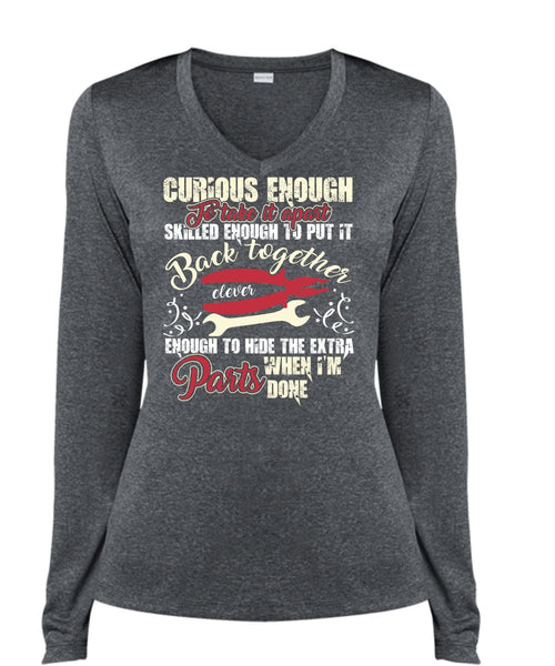 Curious Enough To Take It Apart T Shirt, Being An Electrician T Shirt, Cool Shirt (Ladies LS Heather V-Neck)