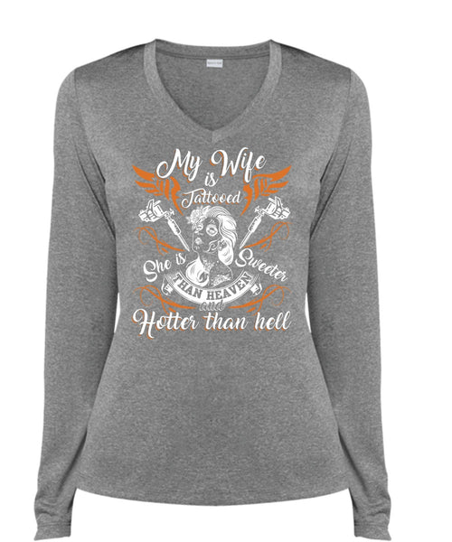 My Wife Is Tattooed T Shirt, She Is Sweeter T Shirt, Cool Shirt (Ladies LS Heather V-Neck)