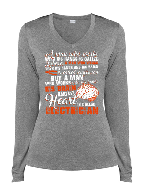 His Heart Is Called Electrician T Shirt, I Love Electrician T Shirt, Cool Shirt (Ladies LS Heather V-Neck)