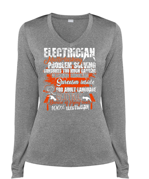 Electrician Multitasking T Shirt, Flying Tools 100% Electrician T Shirt, Cool Shirt (Ladies LS Heather V-Neck)