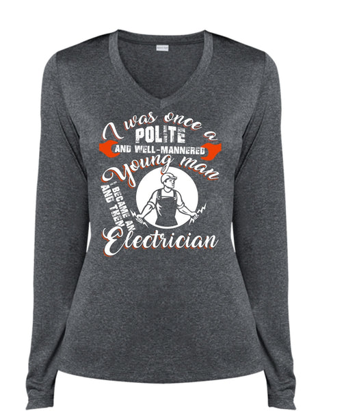 I Became An Electrician T Shirt, I Love Electrician T Shirt, Cool Shirt (Ladies LS Heather V-Neck)
