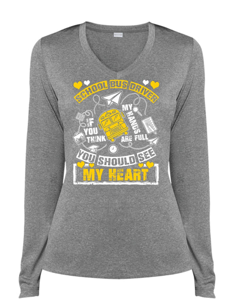 School Bus Driver T Shirt, You Should See My Heart T Shirt, Cool Shirt (Ladies LS Heather V-Neck)