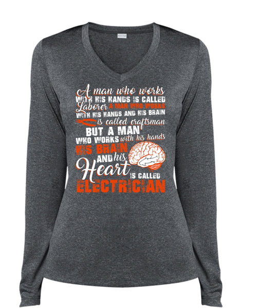 His Heart Is Called Electrician T Shirt, I Love Electrician T Shirt, Cool Shirt (Ladies LS Heather V-Neck)