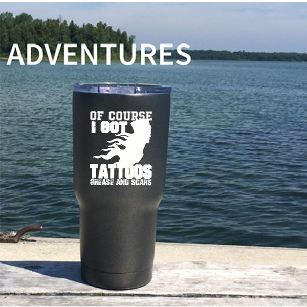 I Got Tattoos Grease And Scars Tumbler 30 oz Stainless Steel, Funny Tattooed Mechanics Travel Mug