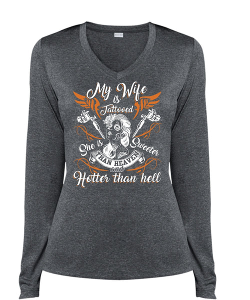 My Wife Is Tattooed T Shirt, She Is Sweeter T Shirt, Cool Shirt (Ladies LS Heather V-Neck)