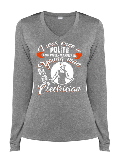 I Became An Electrician T Shirt, I Love Electrician T Shirt, Cool Shirt (Ladies LS Heather V-Neck)