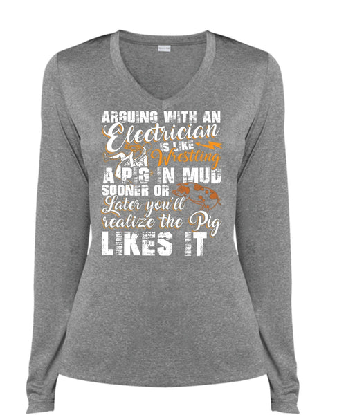 Arguing With An Electrician T Shirt, Being An Electrician T Shirt, Cool Shirt (Ladies LS Heather V-Neck)