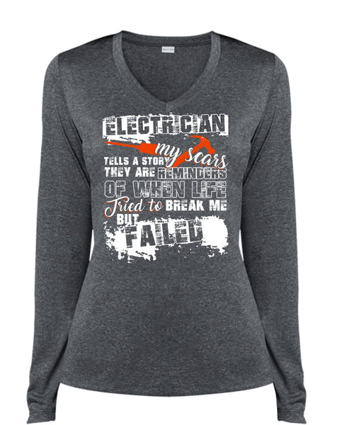 Electrician Tells A Story My Scars T Shirt, Being An Electrician T Shirt, Cool Shirt (Ladies LS Heather V-Neck)