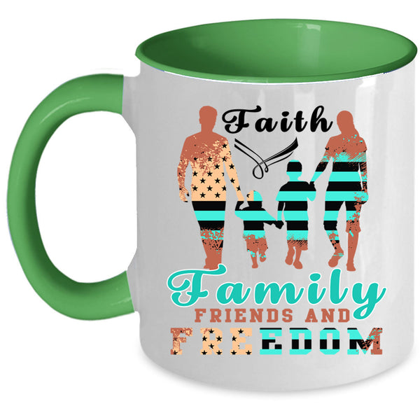 American Flag Coffee Mug, Faith Family Friends And Freedom Accent Mug