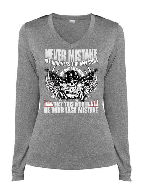 Never Mistake My Kindness T Shirt, Being A Veteran T Shirt, Cool Shirt (Ladies LS Heather V-Neck)