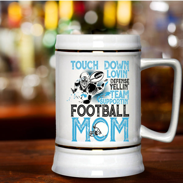 Football Mom Beer Stein 22oz, Touch Down Loving Team Supporting Beer Mug