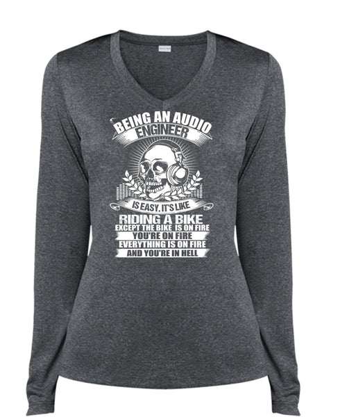 Being An Audio Engineer T Shirt, Riding A Bike T Shirt, Cool Shirt (Ladies LS Heather V-Neck)