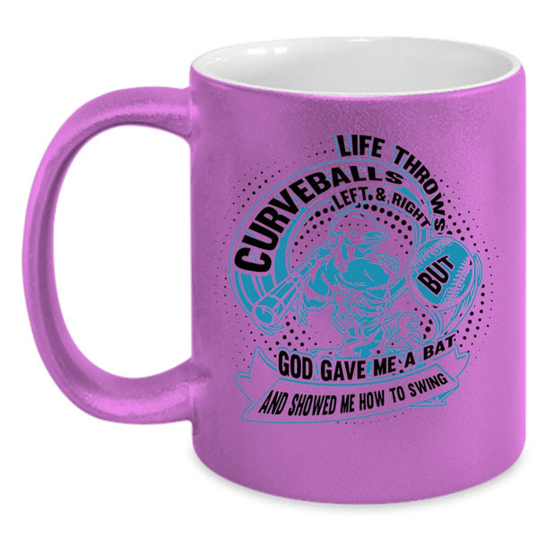 Funny Baseball Player Coffee Mug, Life Throws Curveballs Left And Right Accent Mug
