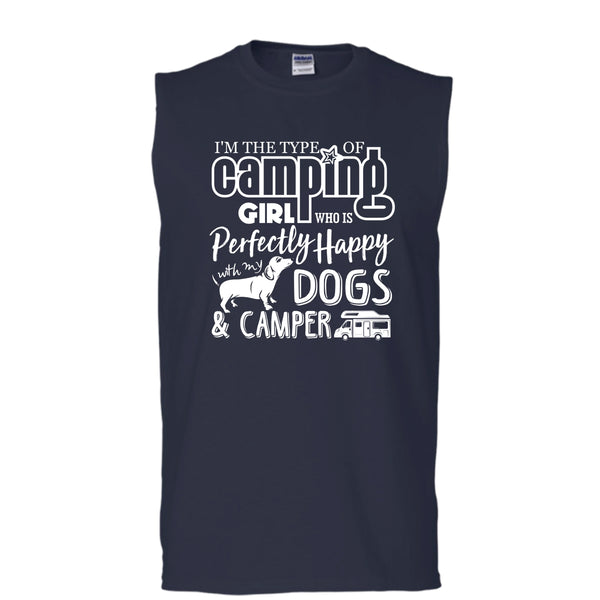 I'm The Type Of Camping Girl T Shirt, Happy With My Dogs & Camper T Shirt, Cool T Shirt (Men's Cotton Sleeveless)