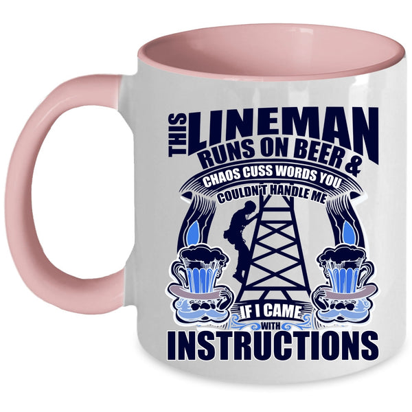 Awesome Linemans Coffee Mug, This Lineman Runs On Beer Accent Mug