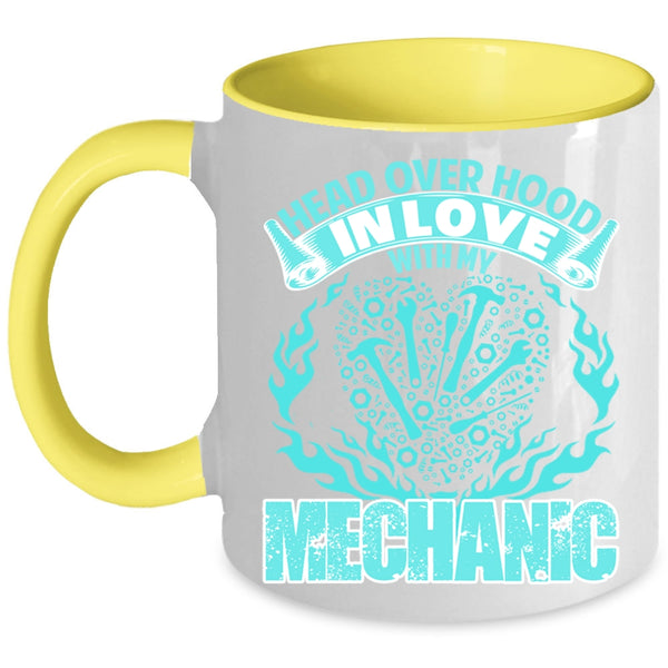 Cute Mechanic Coffee Mug, Head Over Hood In Love With My Mechanic Accent Mug