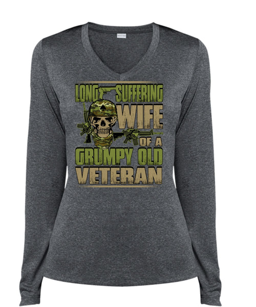 Long Suffering Wife T Shirt, Grumpy Old Veteran T Shirt, Cool Shirt (Ladies LS Heather V-Neck)