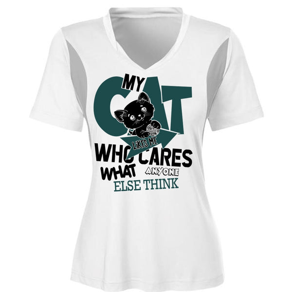 My Cat Likes Me Who Cares T Shirt, My Favorite T Shirt, Cool Shirt (Ladies LS Heather V-Neck)