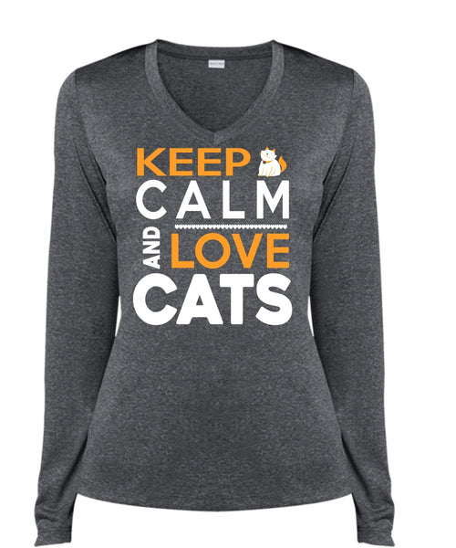 Keep Calm And Love Cats T Shirt, My Pets T Shirt, My Favorite T Shirt (Ladies LS Heather V-Neck)