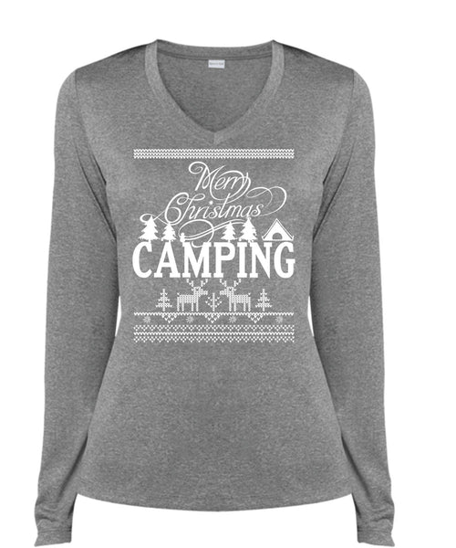Merry Christmas Camping T Shirt, This Girl Loves Christmas T Shirt, Cool Shirt (Ladies LS Heather V-Neck)