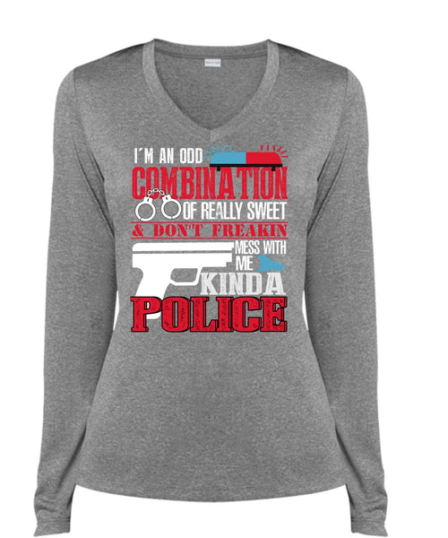 Mess With Me Kinda Police T Shirt, I'm An Odd Combination T Shirt, Cool Shirt (Ladies LS Heather V-Neck)